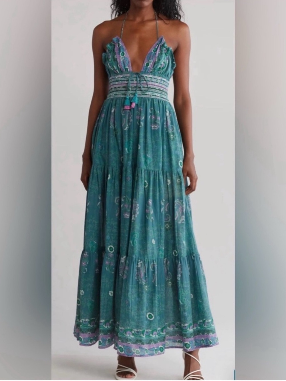 Anthropologie RAGA maxi dress with pockets, turquoise cotton smocked